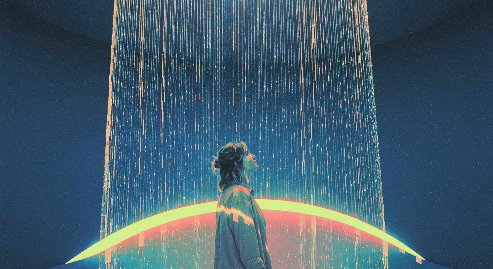 A person beneath a shower of light and a glowing arc.