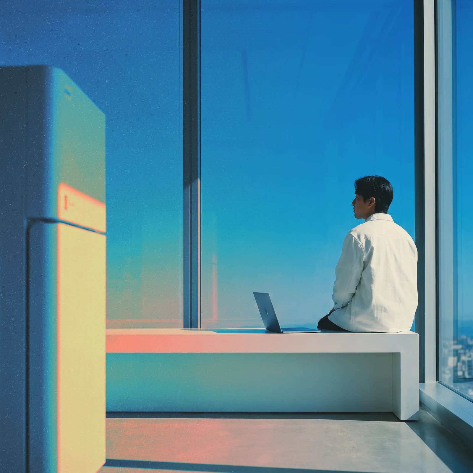 A person seated with a laptop beside a blue window, with coral and green texture.