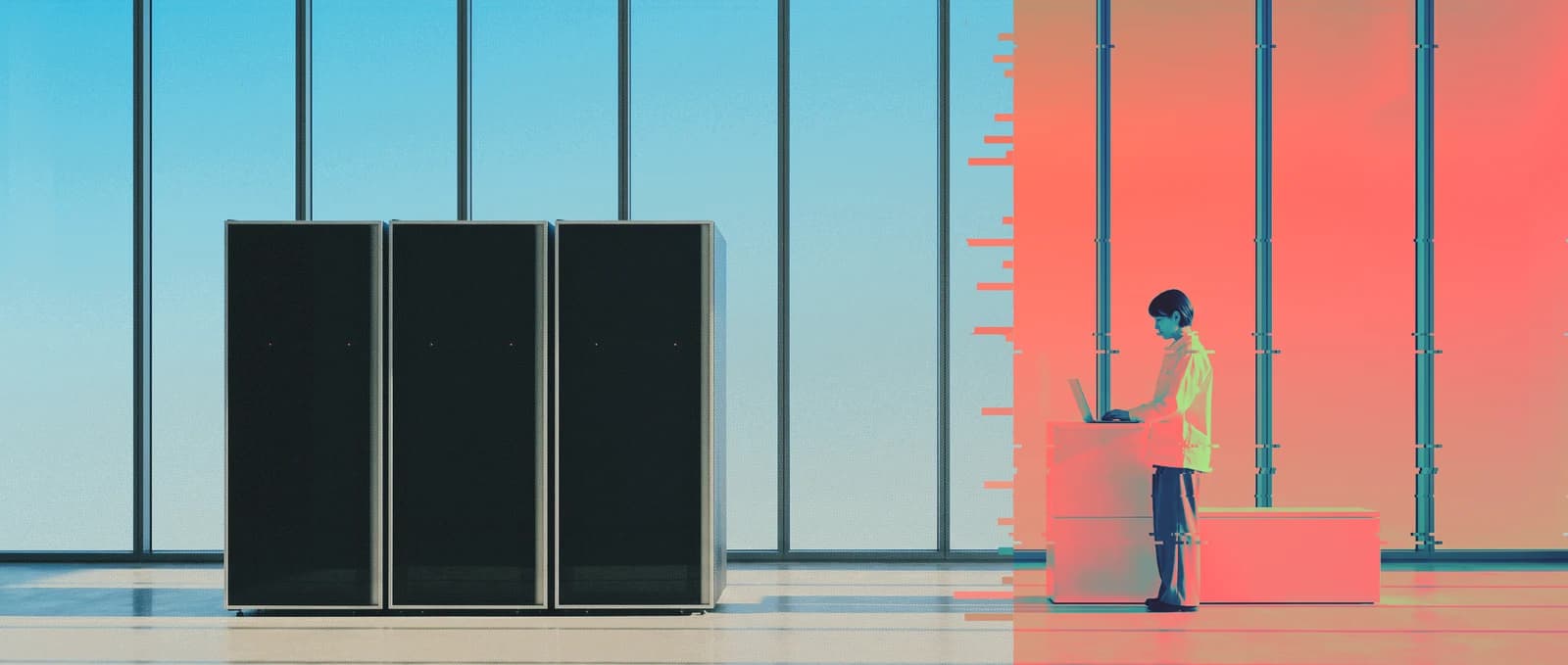 A person beside a server cabinet in a blue and coral laboratory.