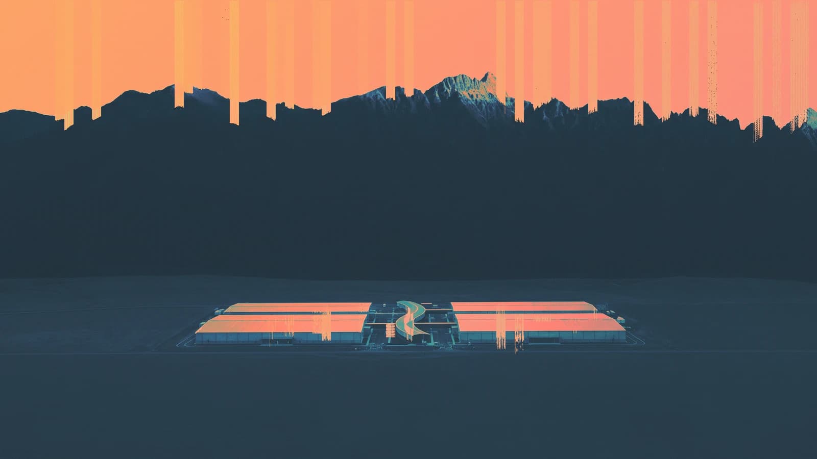 A mountain landscape under a coral sky with a glowing geometric platform.