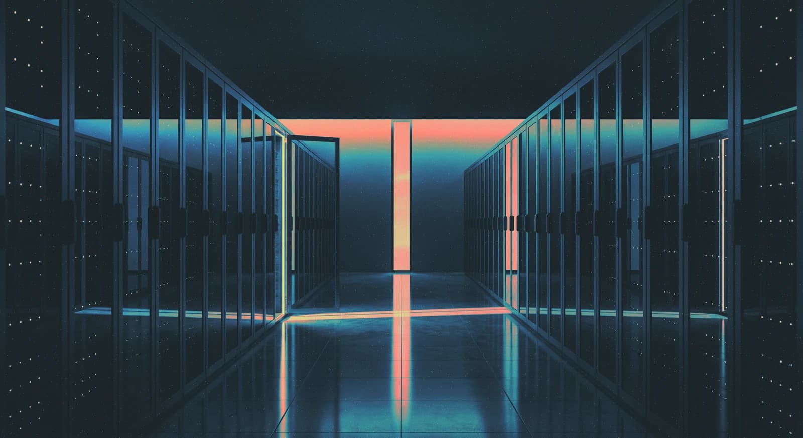A dark server aisle with blue light and a coral glow.