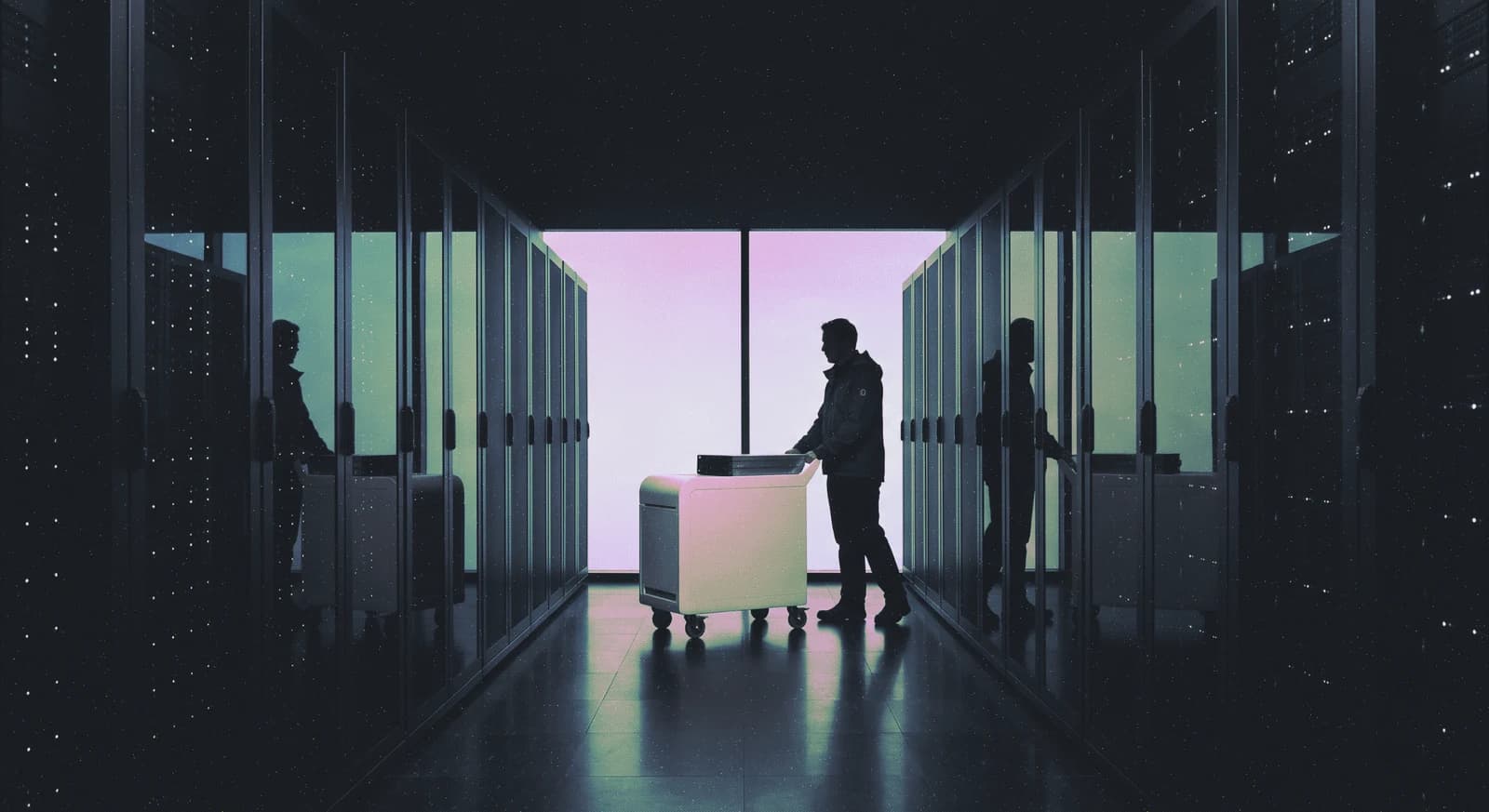 A person working beside a server rack under blue and violet light.