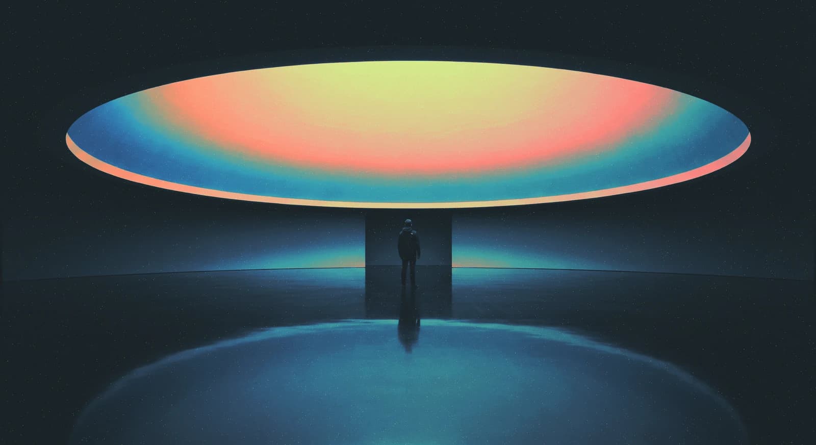 A person beneath a suspended disc of blue, coral, and yellow light.