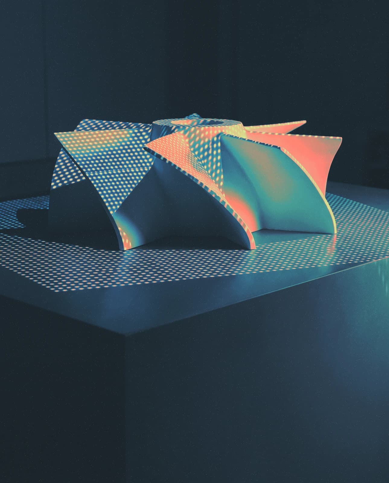 An abstract folded structure with blue, coral, and green textures.