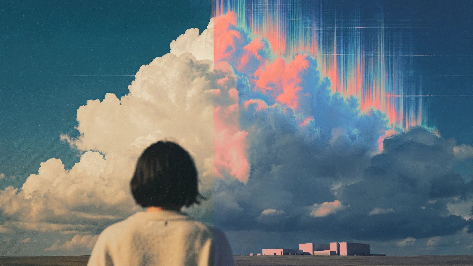 A person looking toward clouds with a coral streak effect.
