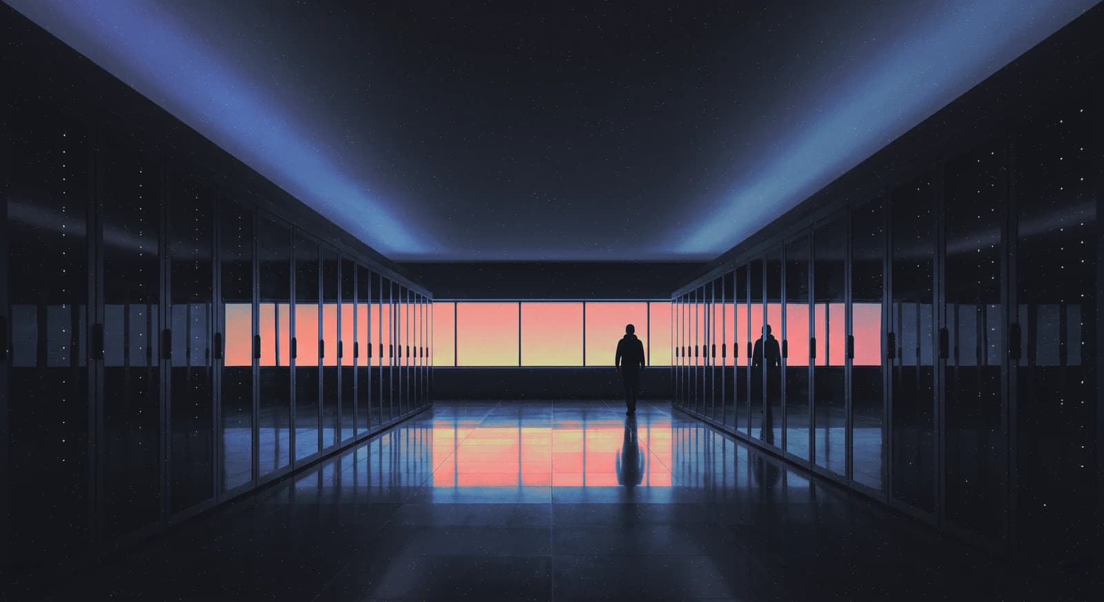 A symmetrical server hall with blue and coral lights reflected on the floor.
