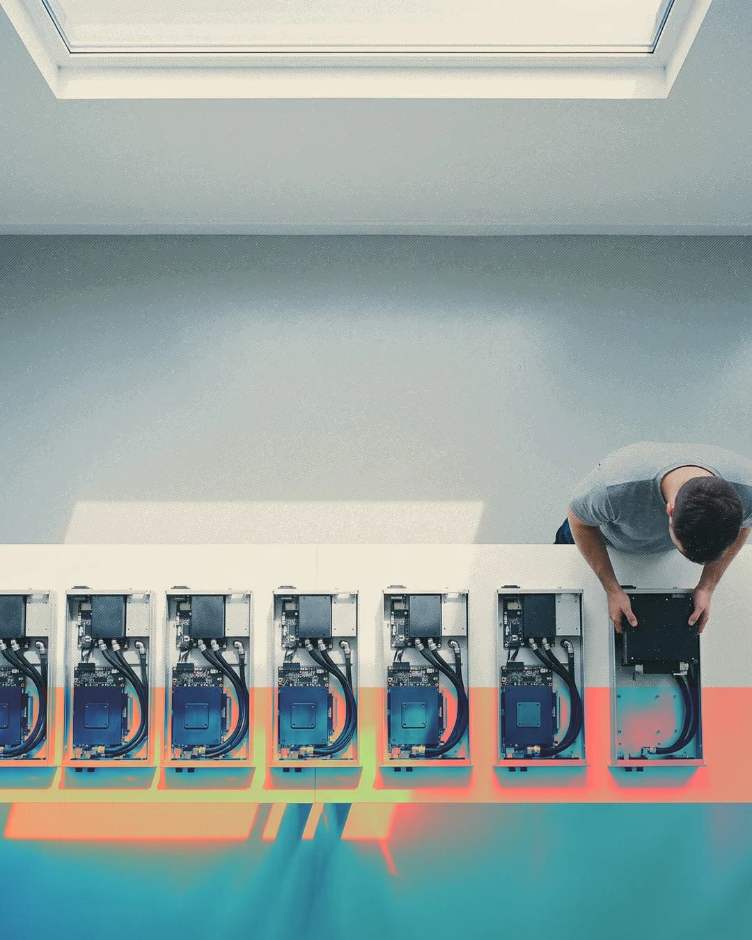 A person working on a row of graphics cards with a coral and green effect.