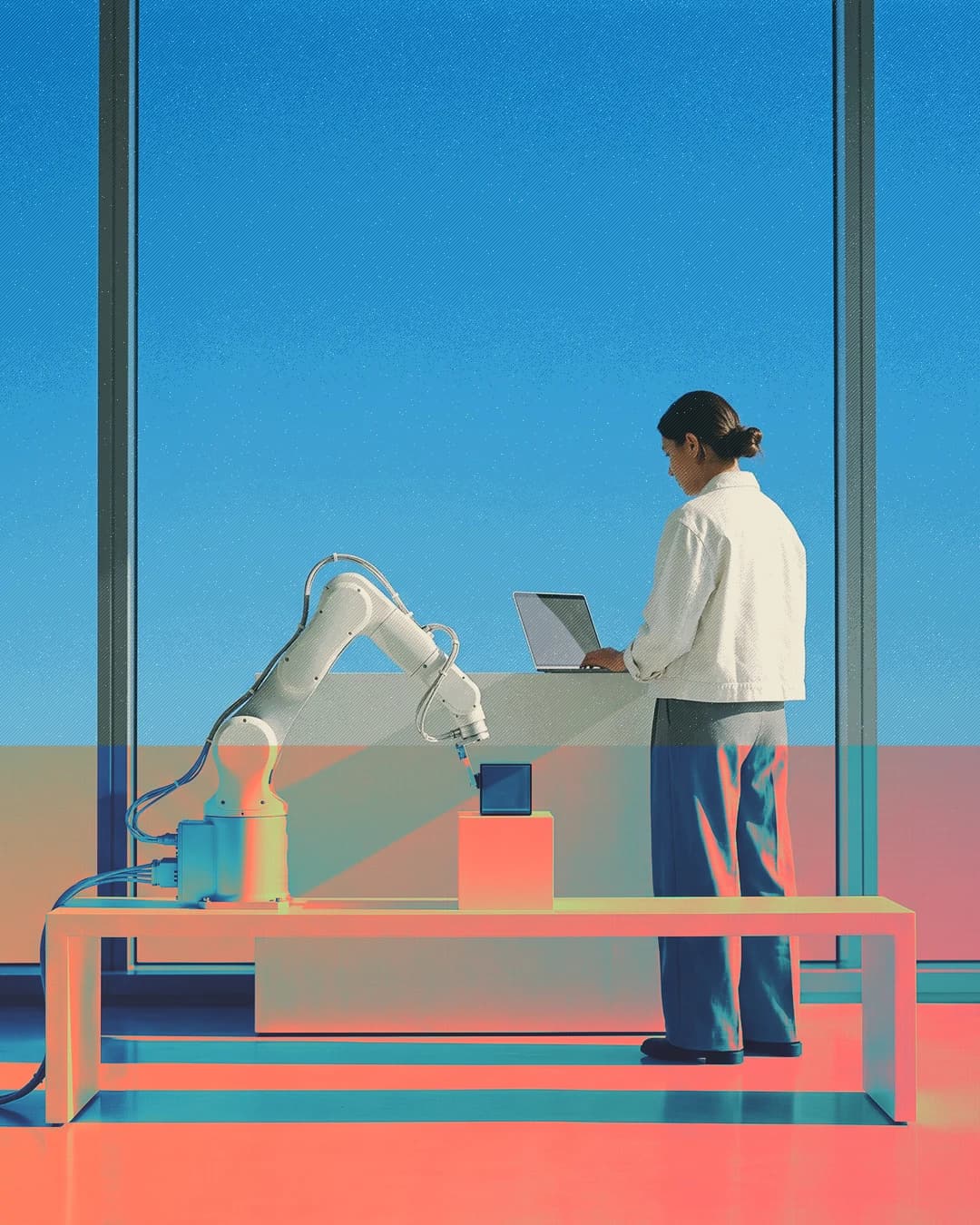 A person operating a robotic arm in a blue laboratory with coral and green effects.
