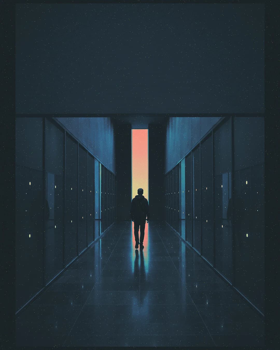 A person standing in a dark server aisle beneath a narrow coral light.